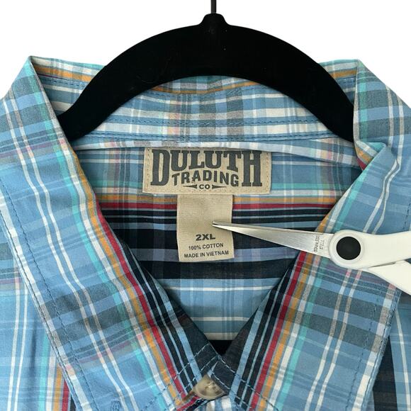 Duluth Trading Men's Point Collar Button-Down Shirt Blue Plaid Cotton Size 2XL - Picture 3 of 6